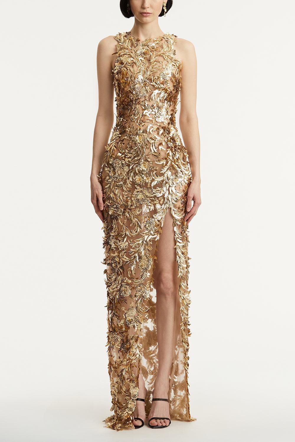 Fern Illusion Tulle Gown-GOLD-10-CLOTHINGDRESSGOWN-OSCAR DE LA RENTA