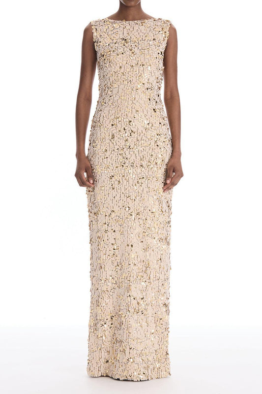 Sleeveless Velvet Paillettes Chiffon Gown-GOLD-2-CLOTHINGDRESSGOWN-OSCAR DE LA RENTA