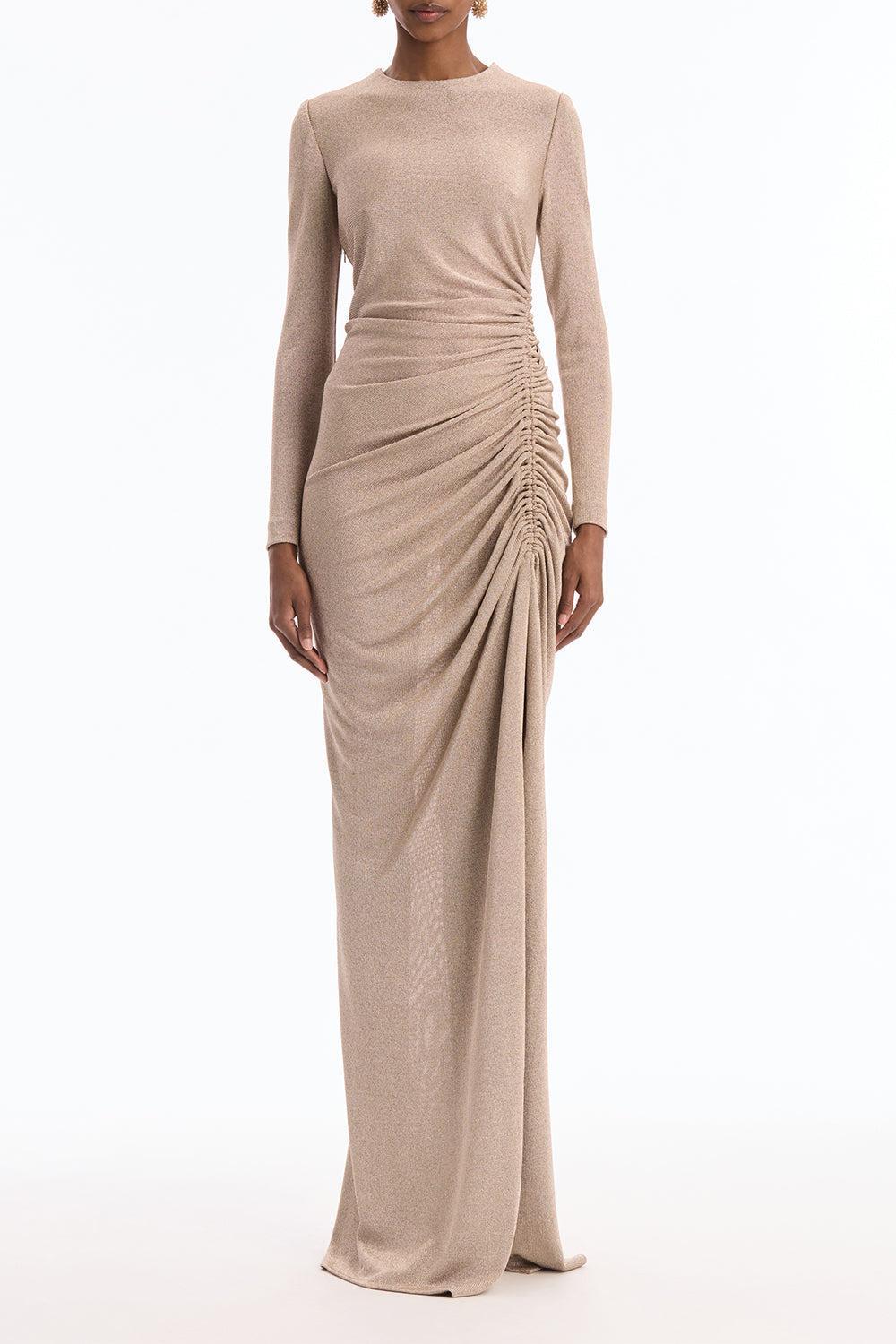 Long Sleeve Draped Metallic Gown-GOLD-4-CLOTHINGDRESSGOWN-OSCAR DE LA RENTA