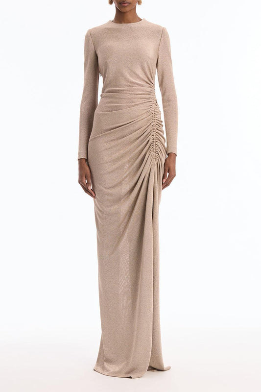 Long Sleeve Draped Metallic Gown-GOLD-4-CLOTHINGDRESSGOWN-OSCAR DE LA RENTA