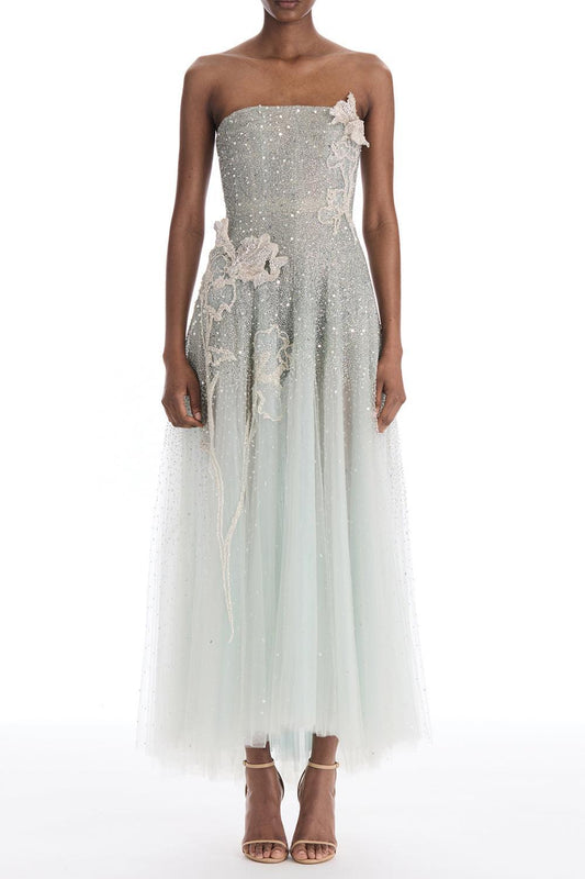 Strapless Mixed All Over Beaded Cocktail Dress-GREEN-8-CLOTHINGDRESSGOWN-OSCAR DE LA RENTA