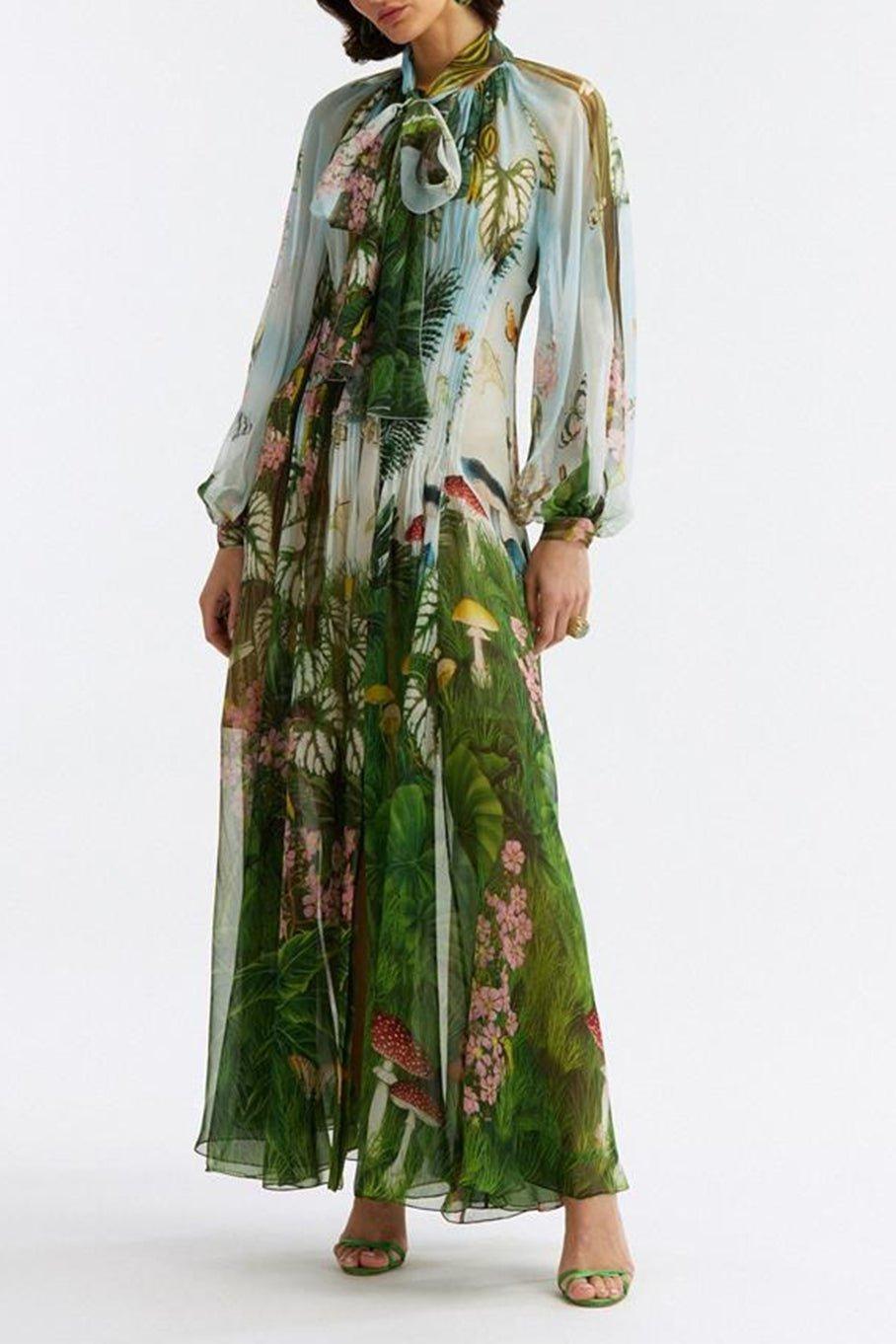 OSCAR DE LA RENTA-LS Pintuk Botanical Caftan-GRNMULTI