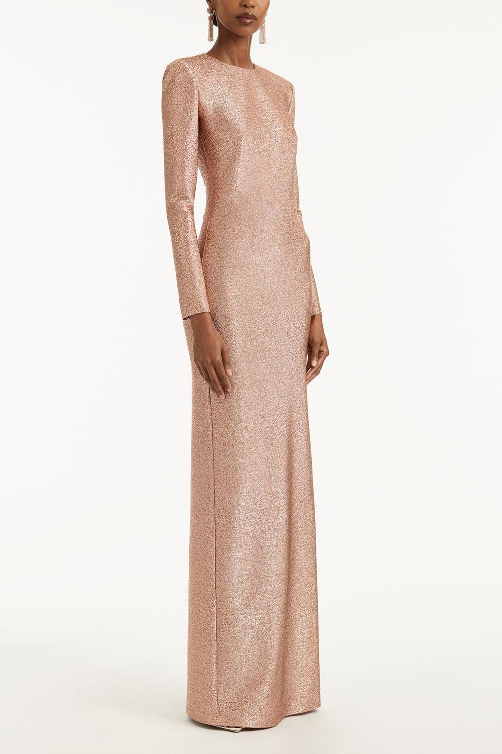 Strong Shoulder Metallic Stretch Gown-ROSE GOLD-2-CLOTHINGDRESSGOWN-OSCAR DE LA RENTA