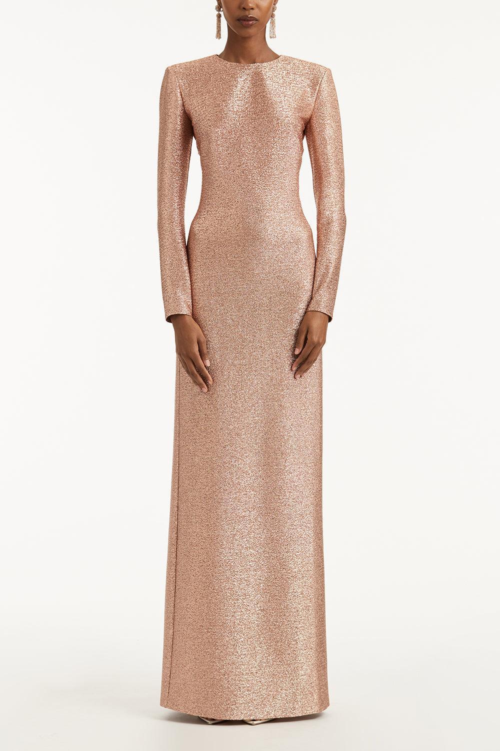 Strong Shoulder Metallic Stretch Gown-ROSE GOLD-2-CLOTHINGDRESSGOWN-OSCAR DE LA RENTA