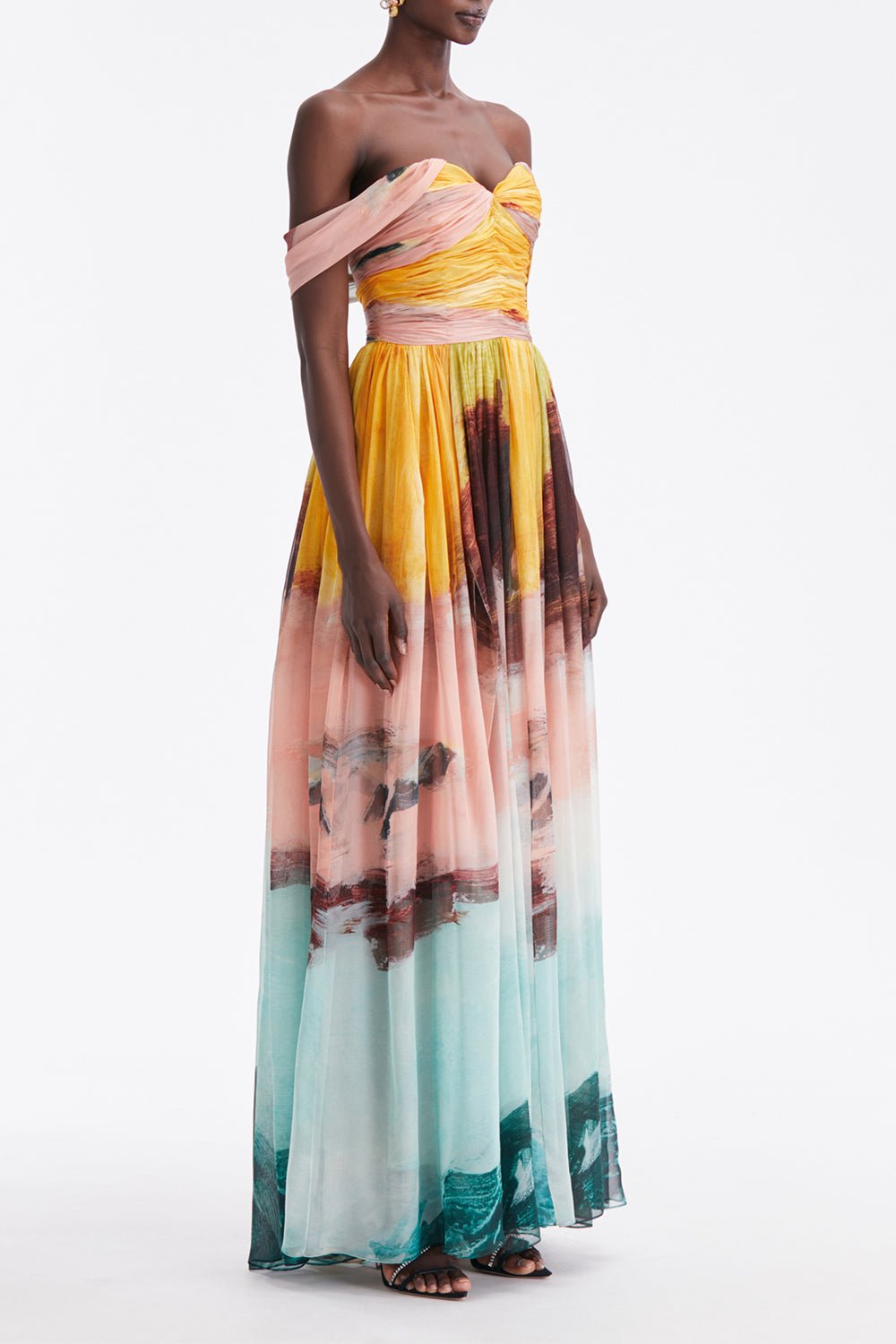 OSCAR DE LA RENTA-Off Shoulder Abstract Gown-TEALMULT