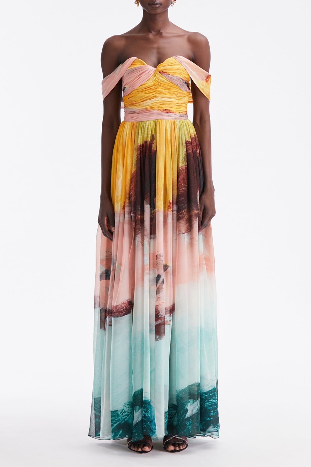 OSCAR DE LA RENTA-Off Shoulder Abstract Gown-TEALMULT