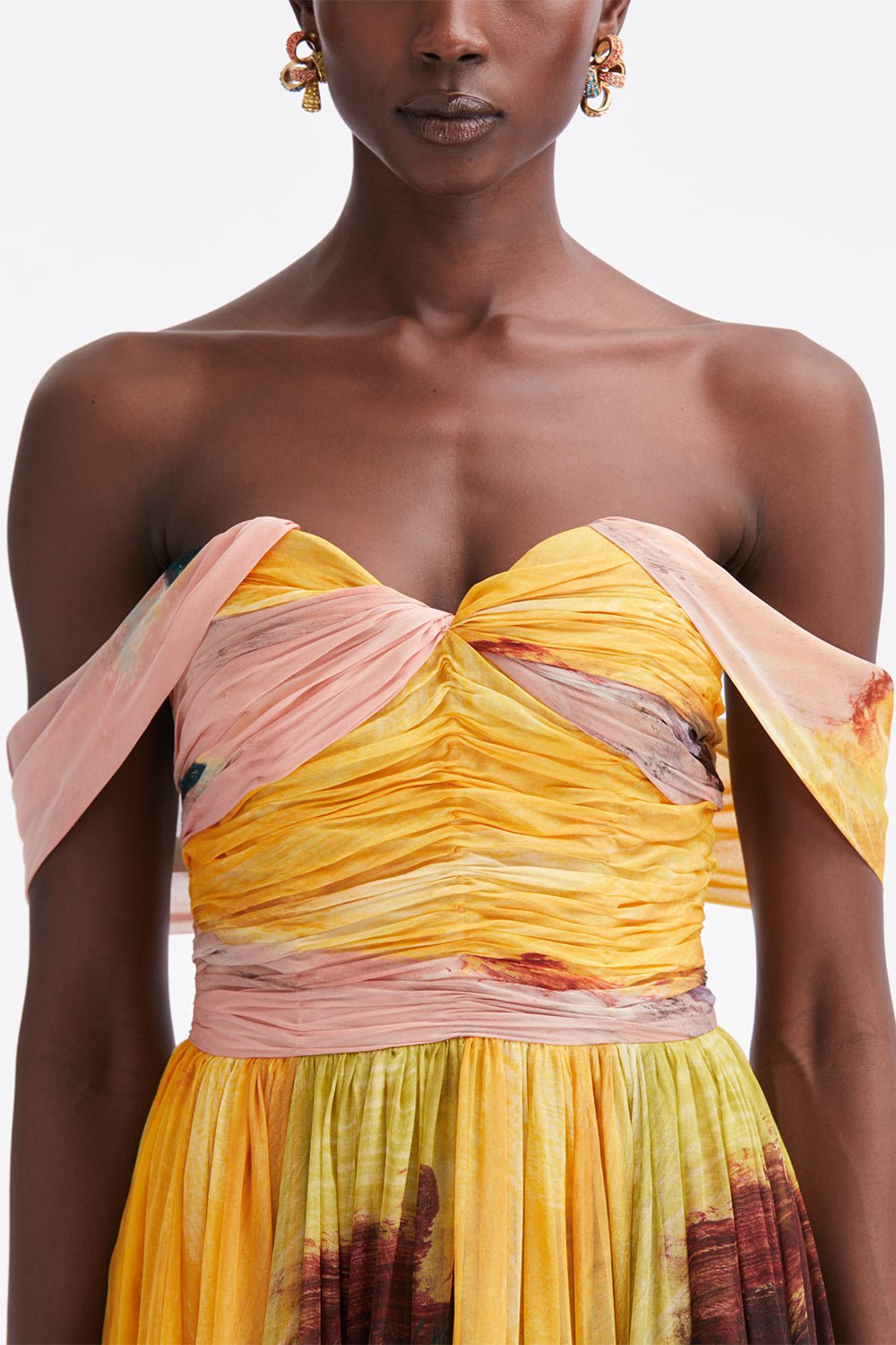 OSCAR DE LA RENTA-Off Shoulder Abstract Gown-TEALMULT