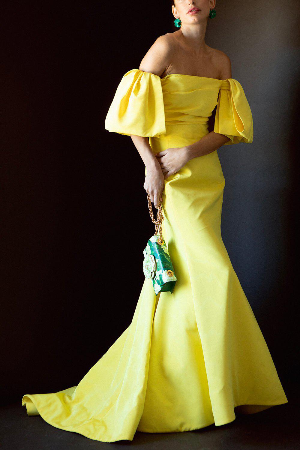 OSCAR DE LA RENTA-Strapless Bow Draped Gown-YELLOW