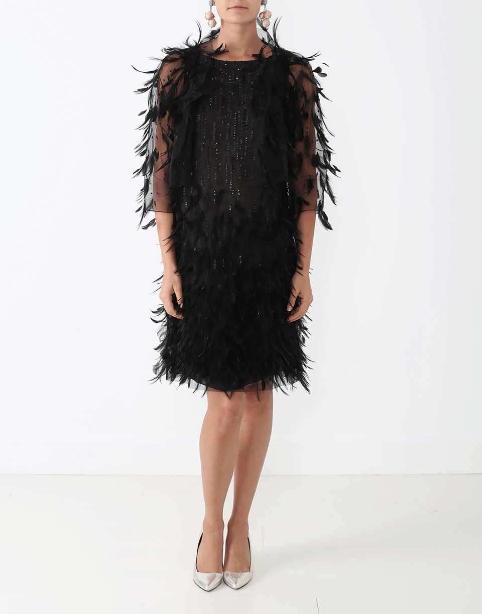 OSCAR DE LA RENTA-Embroidered Feather Dress-BLACK