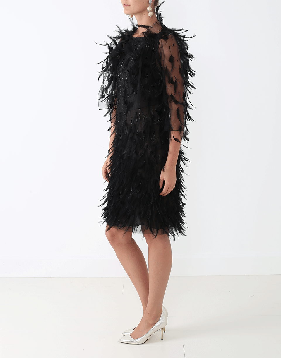 OSCAR DE LA RENTA-Embroidered Feather Dress-BLACK