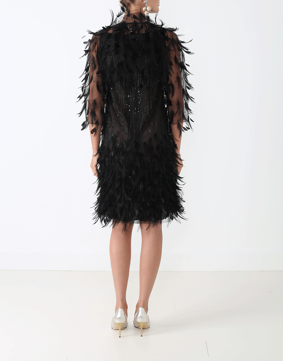 OSCAR DE LA RENTA-Embroidered Feather Dress-BLACK