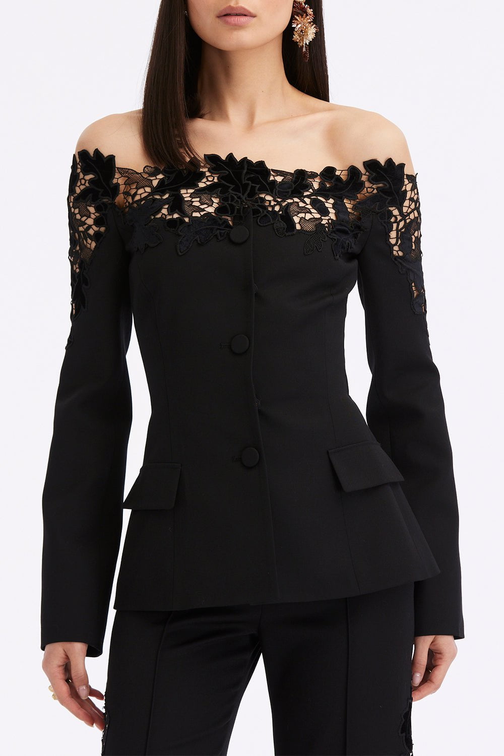 OSCAR DE LA RENTA-Off The Shoulder Lace Jacket-