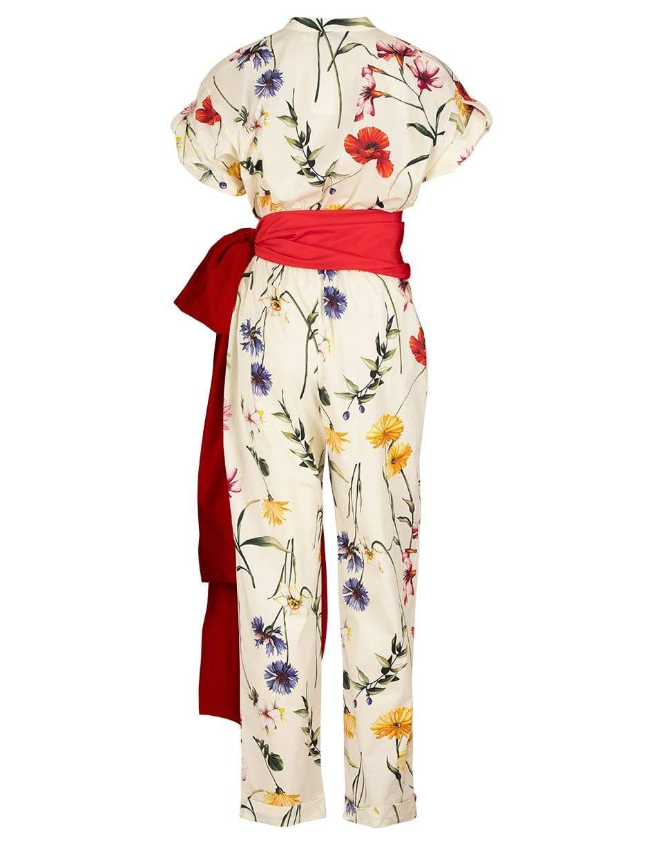 OSCAR DE LA RENTA-Ecru Floral Print Belted Jumpsuit-