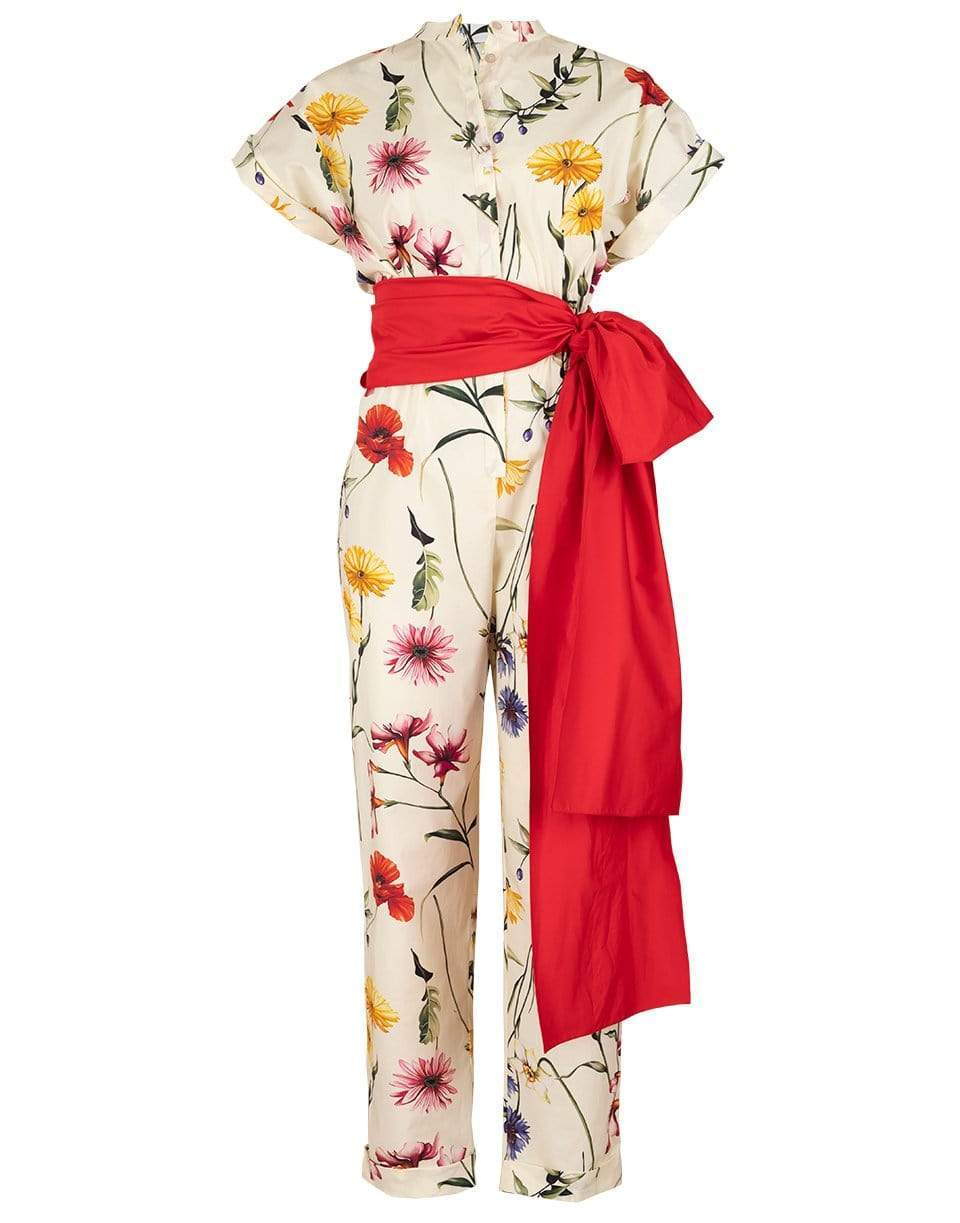 OSCAR DE LA RENTA-Ecru Floral Print Belted Jumpsuit-