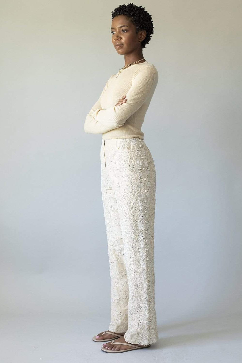 OSCAR DE LA RENTA-Vintage Crochet Embroidered Silk Pant-BEIGE