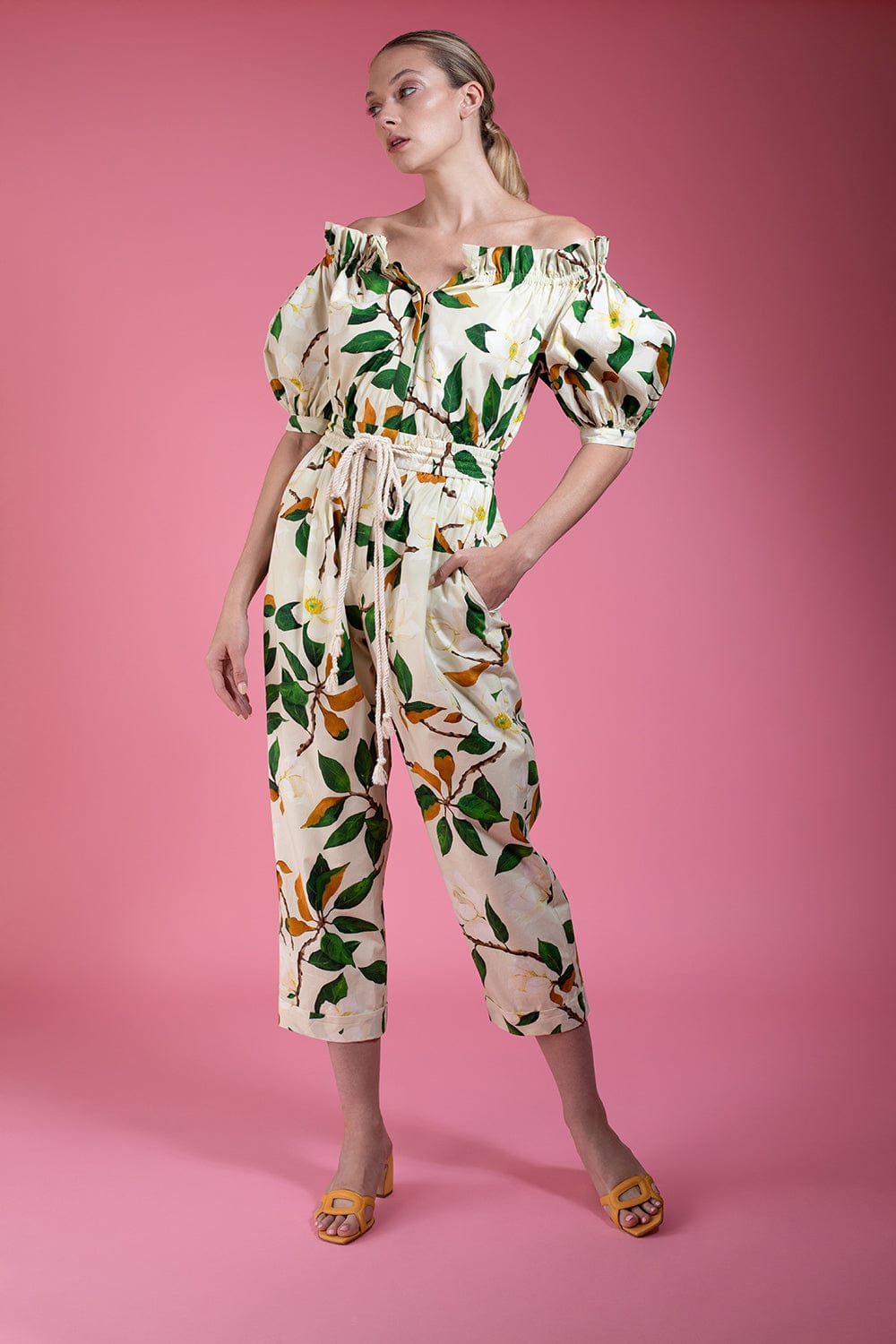 OSCAR DE LA RENTA-Off Shoulder Magnolia Jumpsuit-SAND MULTI