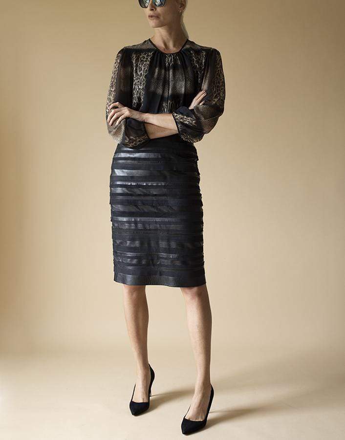 OSCAR DE LA RENTA-Banded Suede Leather Skirt-BLACK