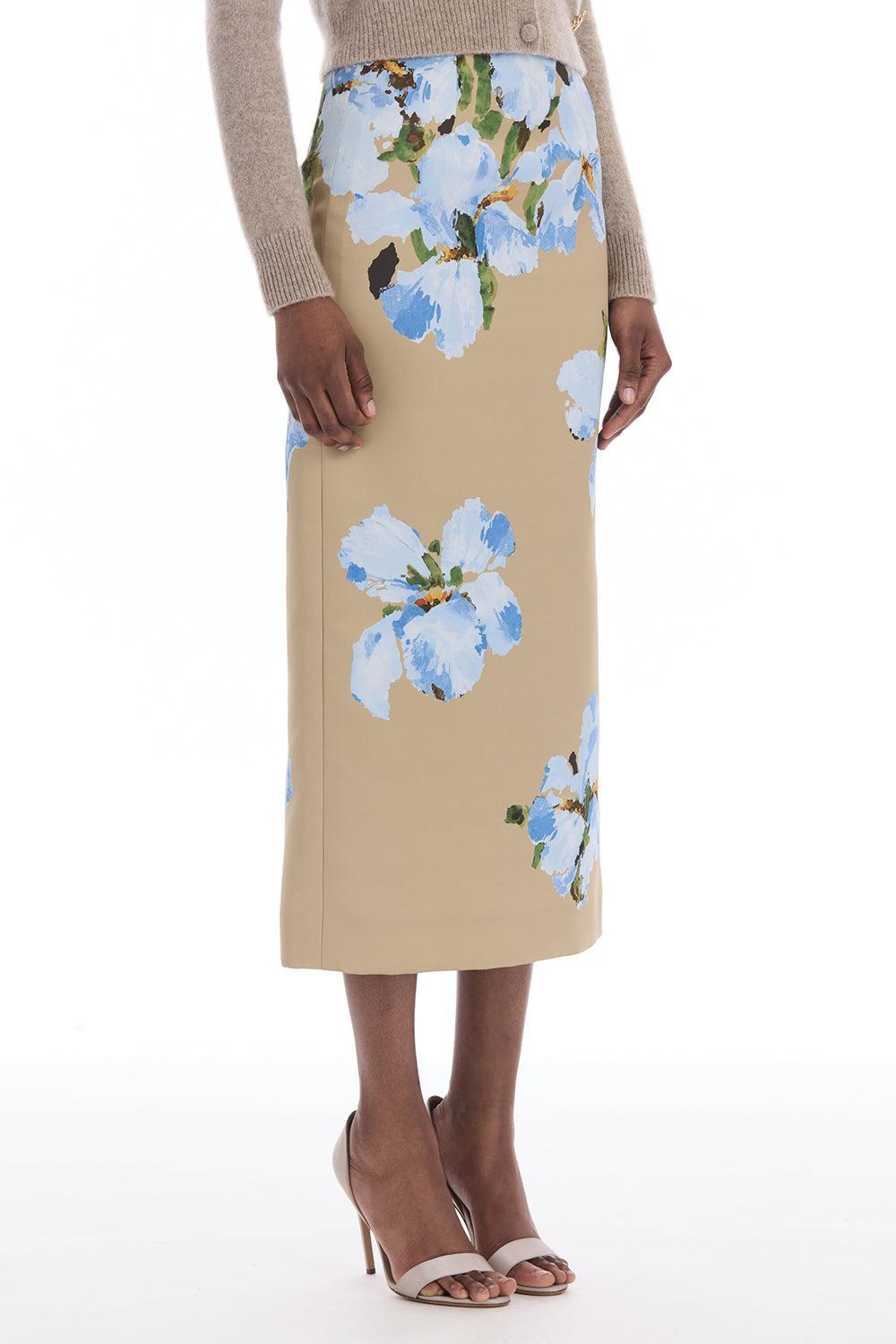 Watercolor Iris Satin Pencil Skirt-BROWN-2-CLOTHINGSKIRTMIDI-OSCAR DE LA RENTA