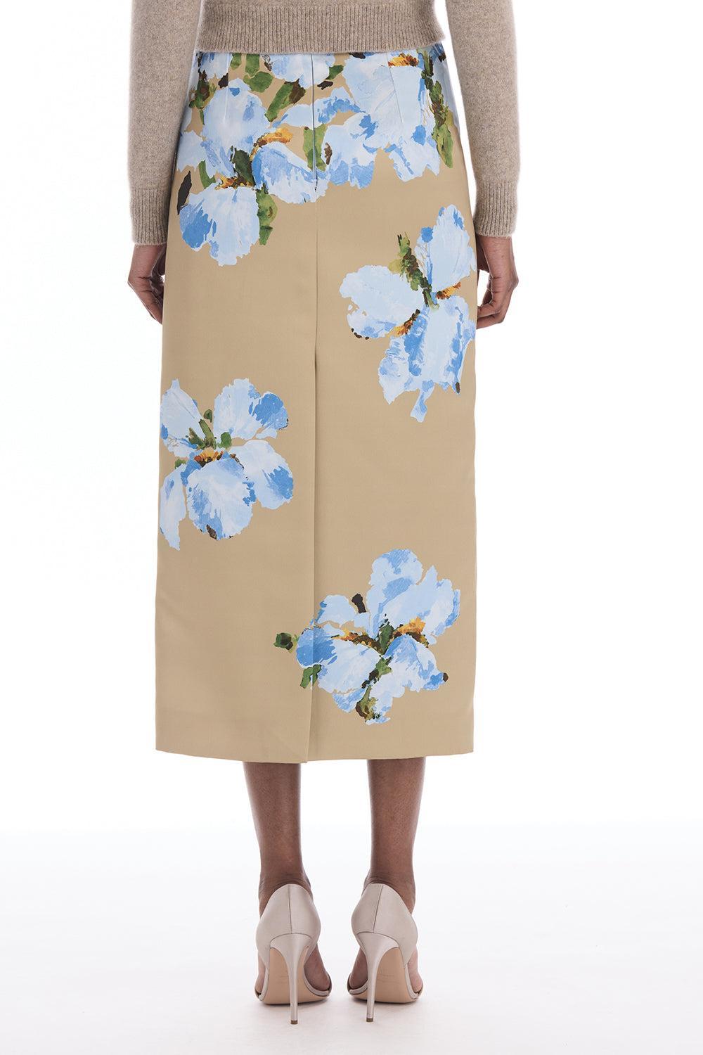 Watercolor Iris Satin Pencil Skirt-BROWN-2-CLOTHINGSKIRTMIDI-OSCAR DE LA RENTA