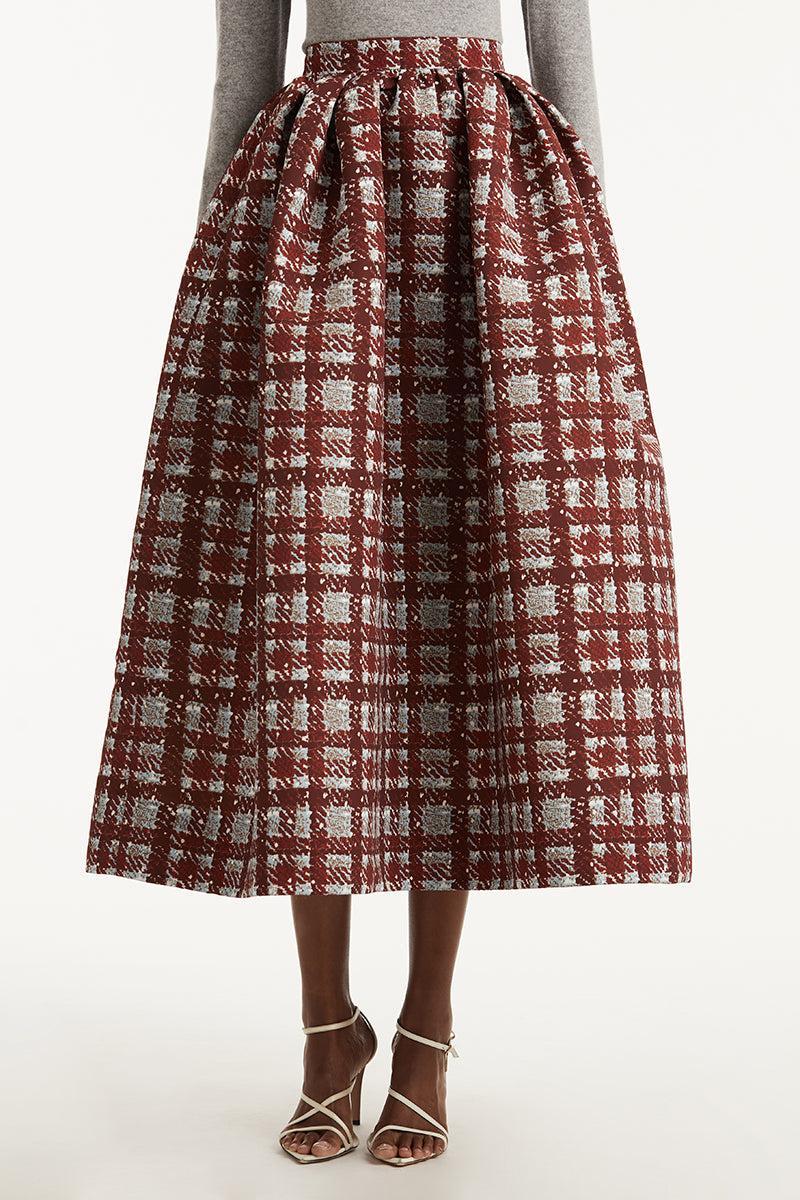 Textured Plaid Circle Skirt-BURGUNDY/BLUE-4-CLOTHINGSKIRTMIDI-OSCAR DE LA RENTA