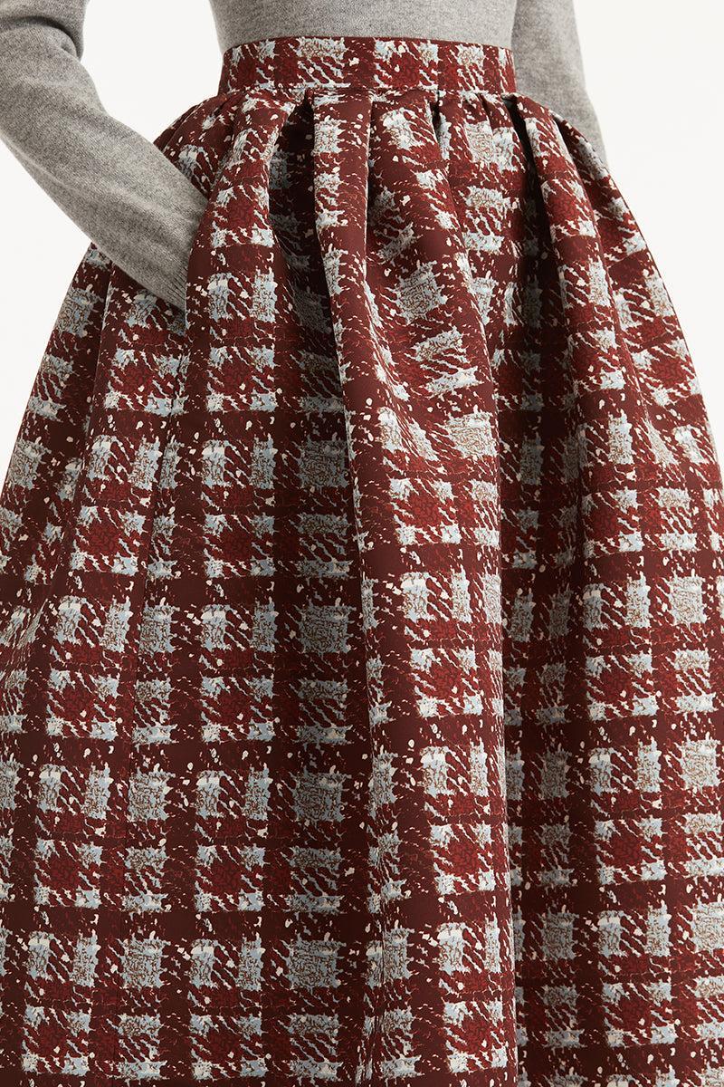 Textured Plaid Circle Skirt-BURGUNDY/BLUE-4-CLOTHINGSKIRTMIDI-OSCAR DE LA RENTA