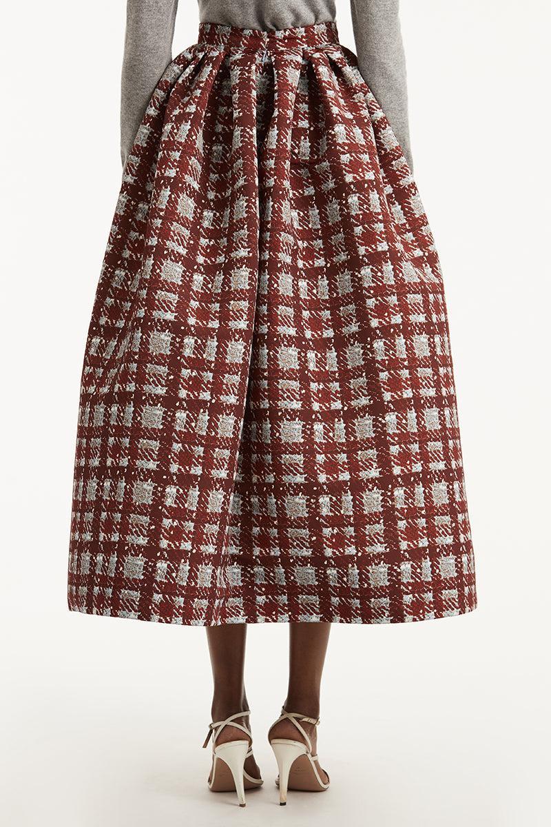 Textured Plaid Circle Skirt-BURGUNDY/BLUE-4-CLOTHINGSKIRTMIDI-OSCAR DE LA RENTA