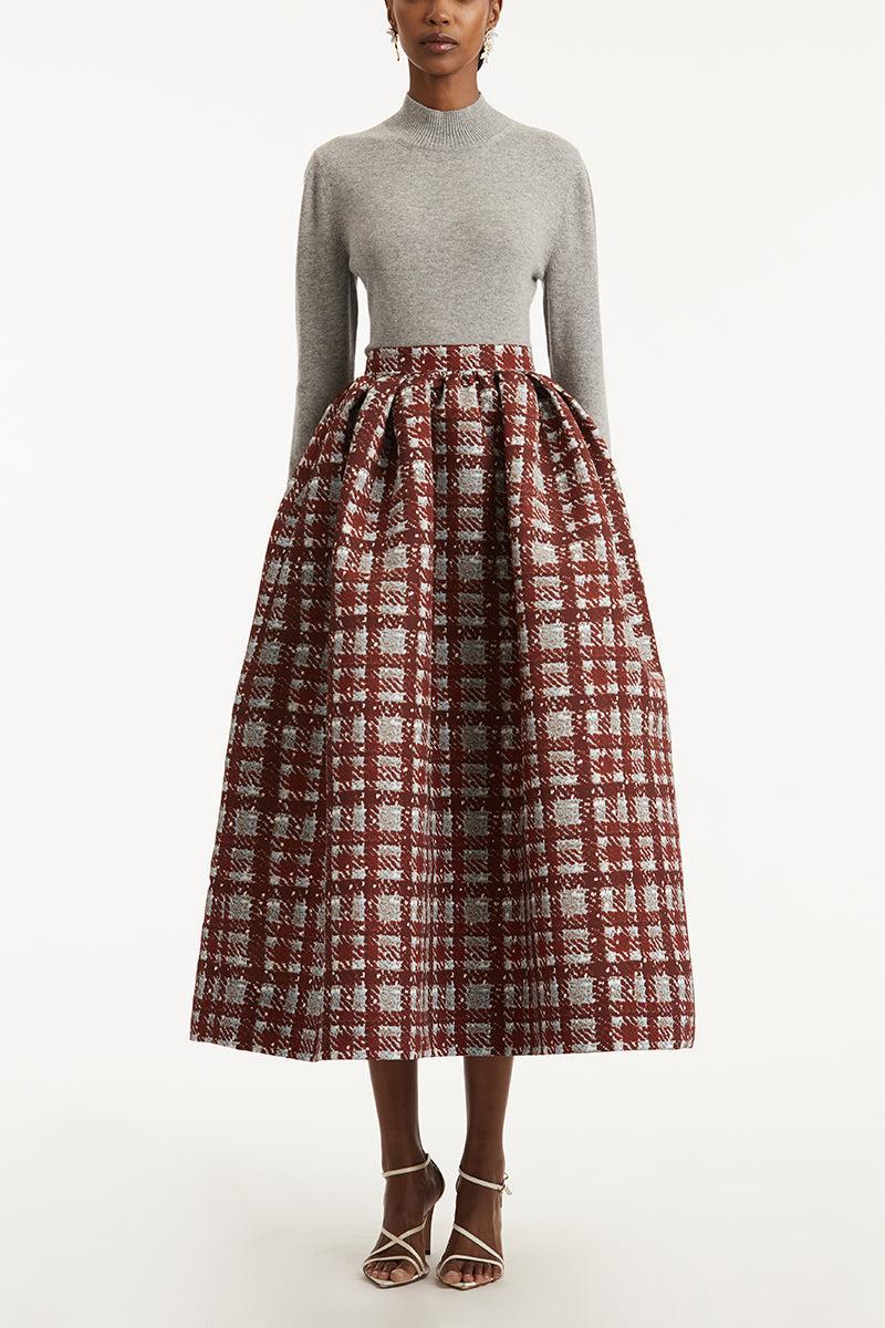 Textured Plaid Circle Skirt-BURGUNDY/BLUE-4-CLOTHINGSKIRTMIDI-OSCAR DE LA RENTA