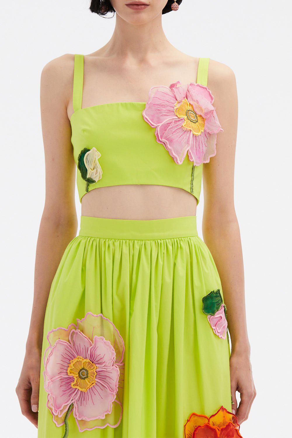 OSCAR DE LA RENTA-Painted Poppies Embroidered Skirt-