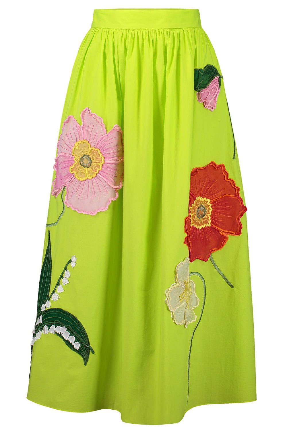 OSCAR DE LA RENTA-Painted Poppies Embroidered Skirt-