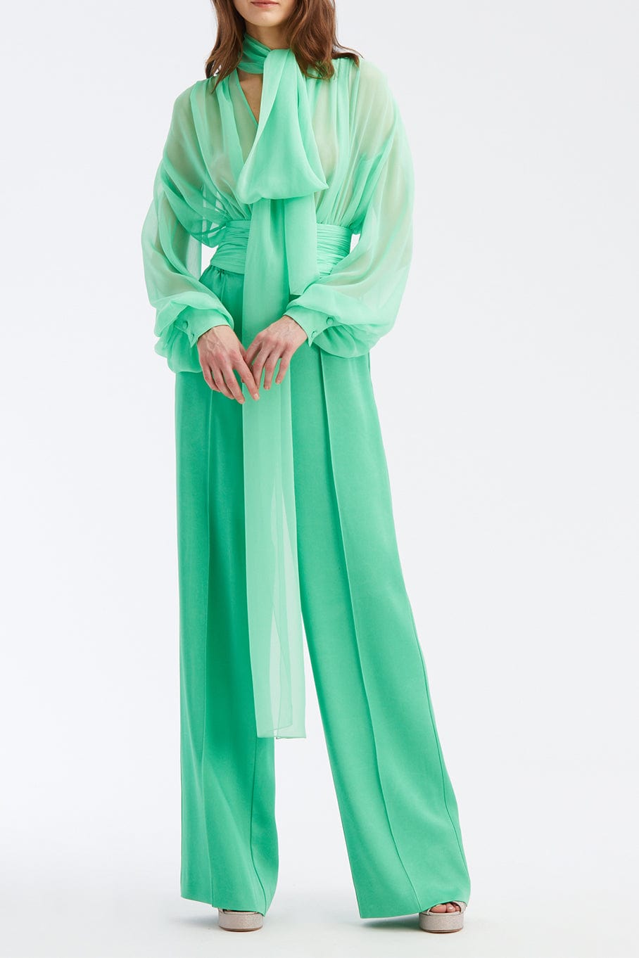 OSCAR DE LA RENTA-Long Sleeve Chiffon Tie Neck Blouse-