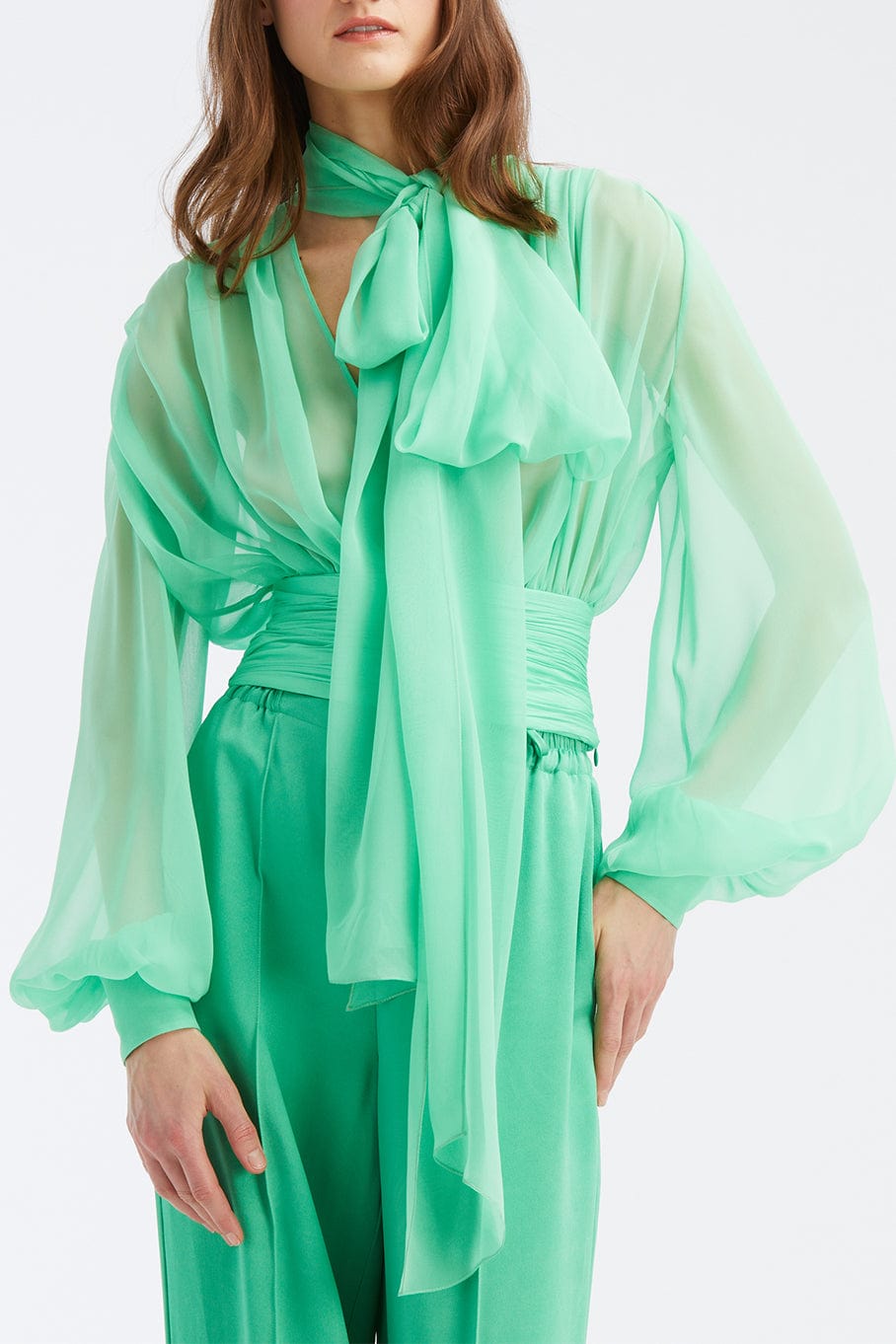 OSCAR DE LA RENTA-Long Sleeve Chiffon Tie Neck Blouse-