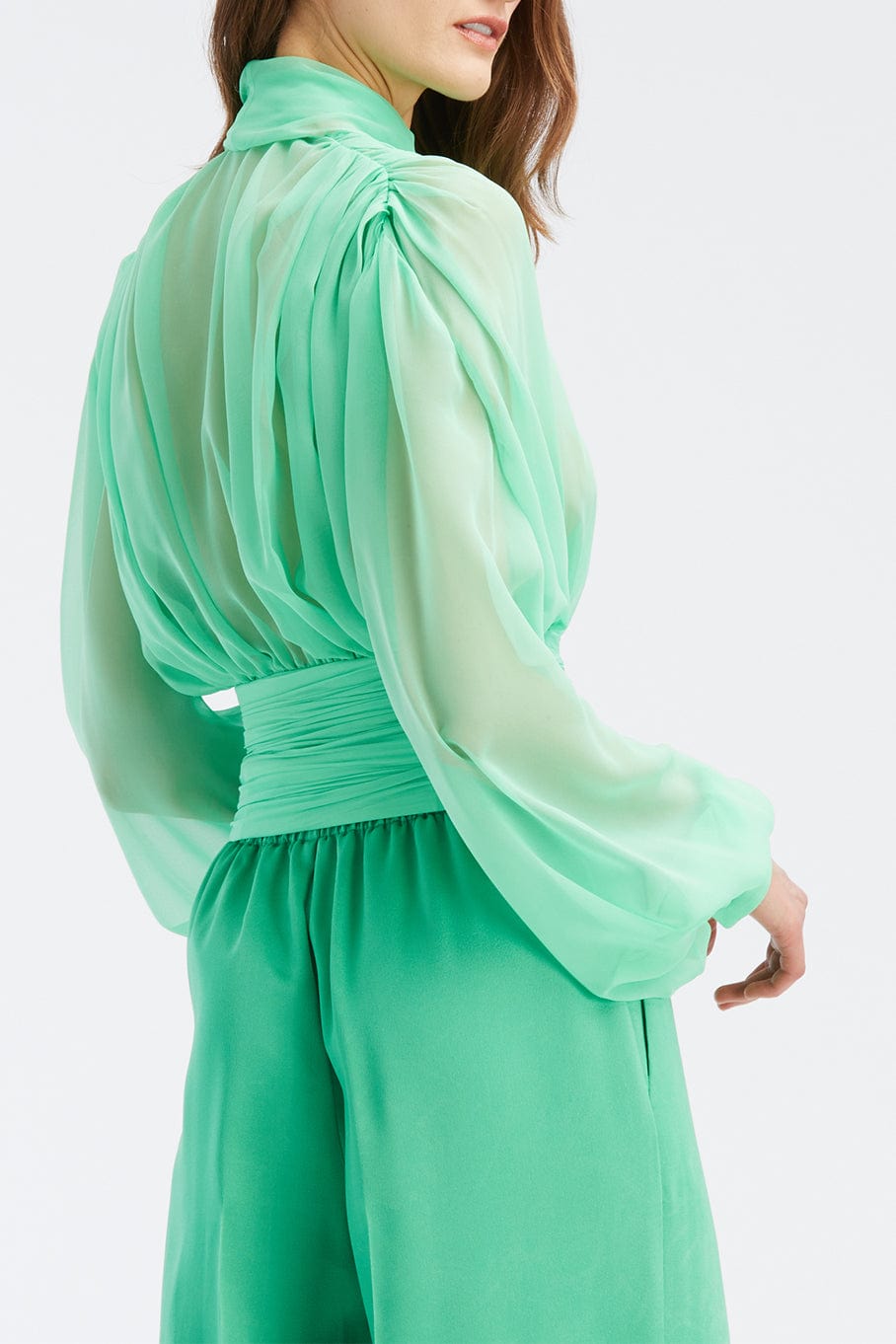 OSCAR DE LA RENTA-Long Sleeve Chiffon Tie Neck Blouse-