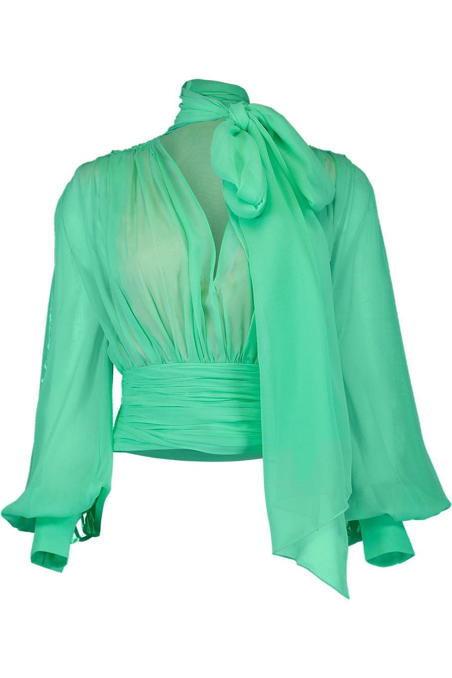 OSCAR DE LA RENTA-Long Sleeve Chiffon Tie Neck Blouse-