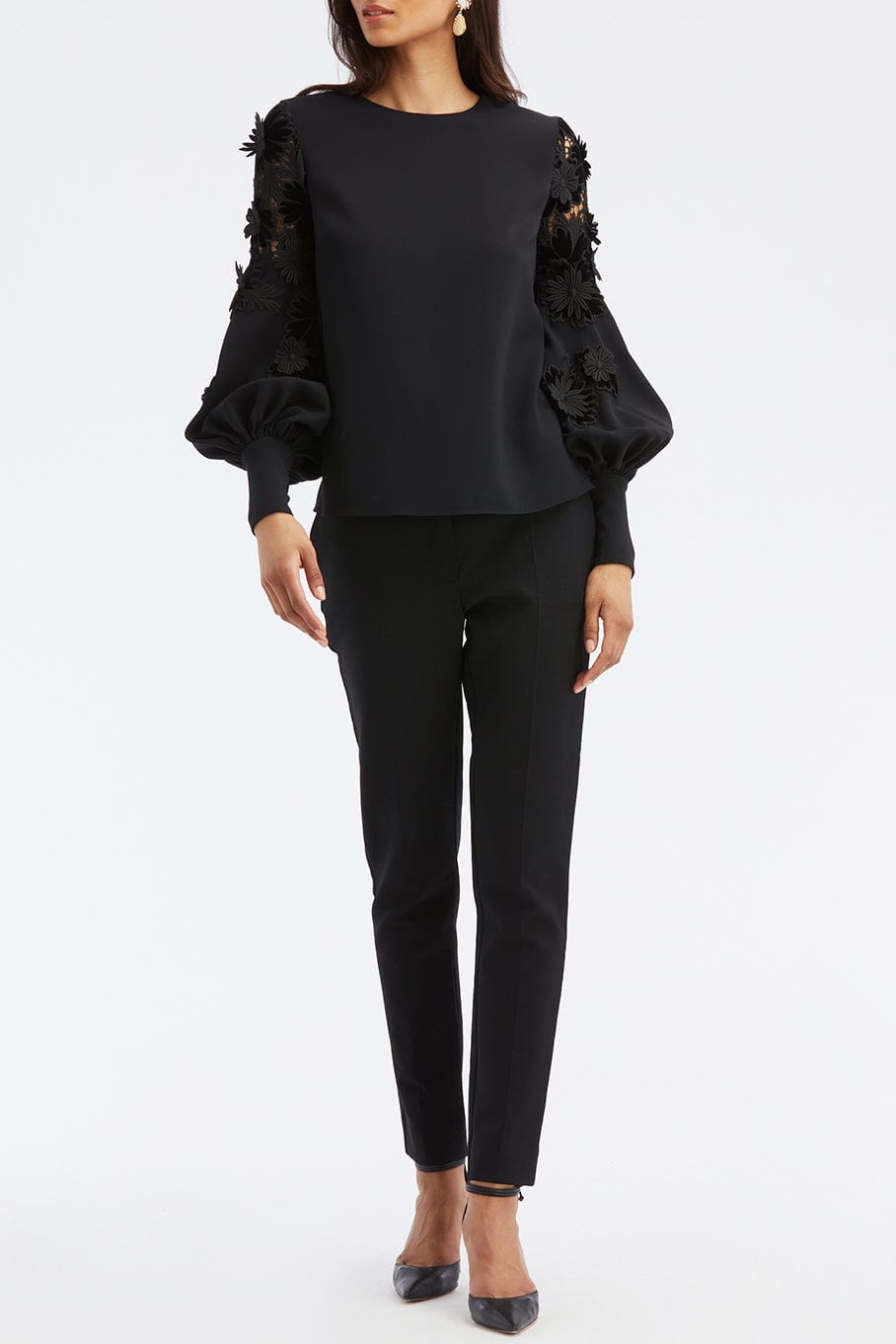 OSCAR DE LA RENTA-Velvet Guipure Inset Sleeve Blouse-