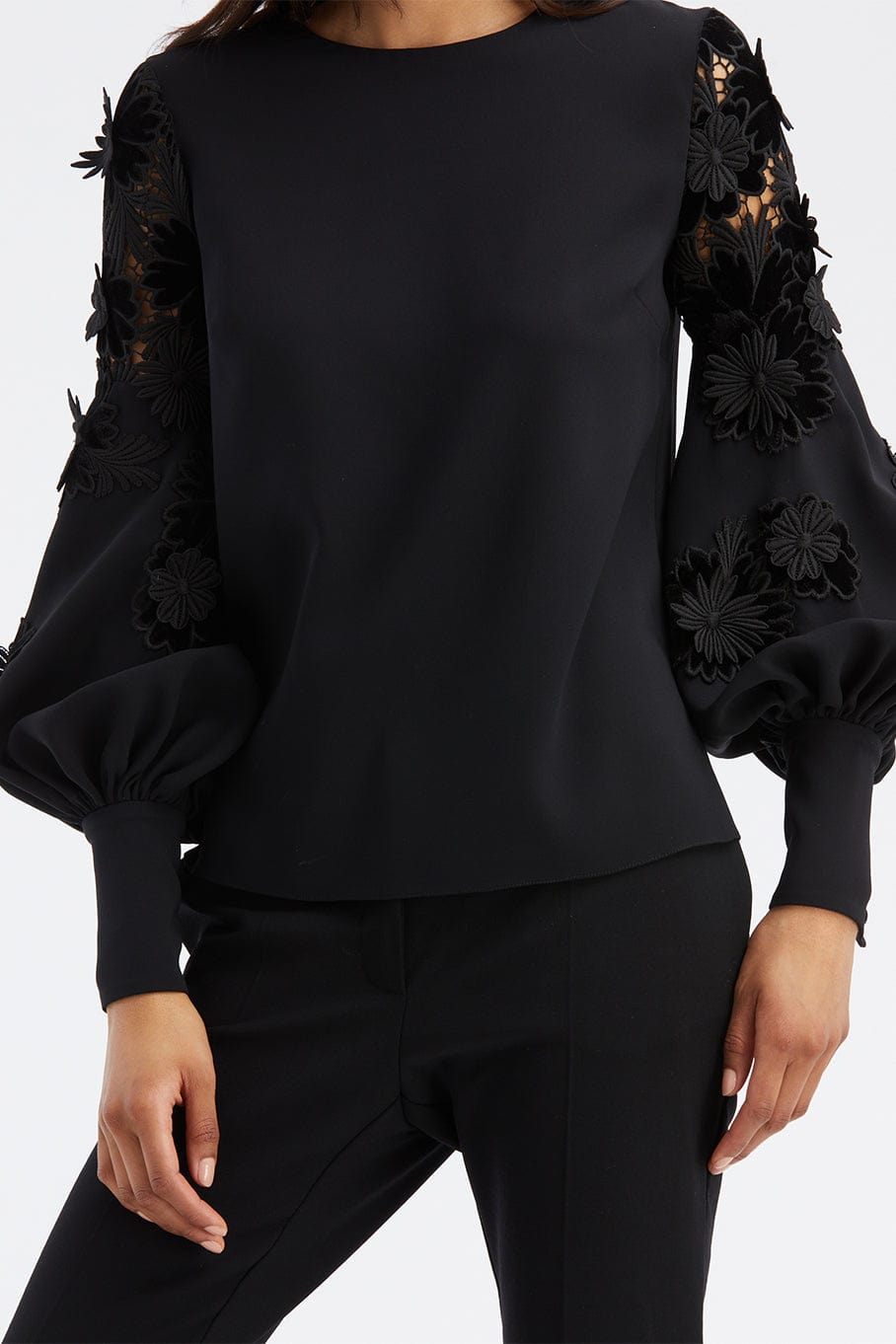 OSCAR DE LA RENTA-Velvet Guipure Inset Sleeve Blouse-