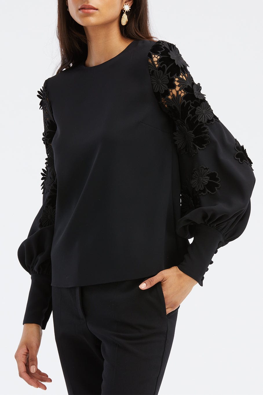 OSCAR DE LA RENTA-Velvet Guipure Inset Sleeve Blouse-