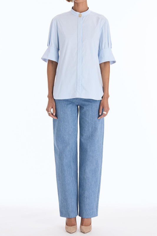 Short Sleeve Poplin Sateen Blouse-BLUE-2-CLOTHINGTOPBLOUSE-OSCAR DE LA RENTA