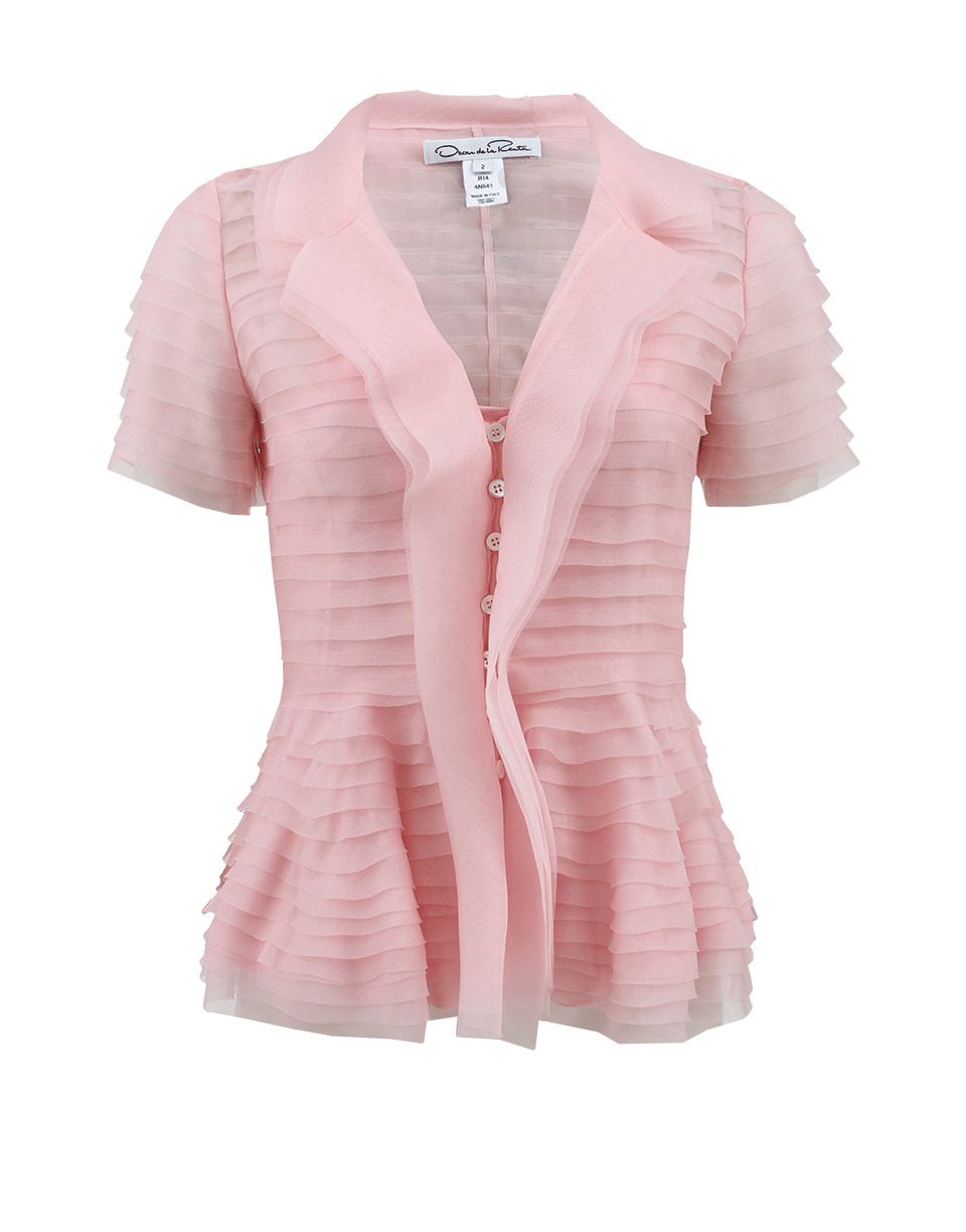 OSCAR DE LA RENTA-Short Sleeve V-Neck Organdy Blouse-