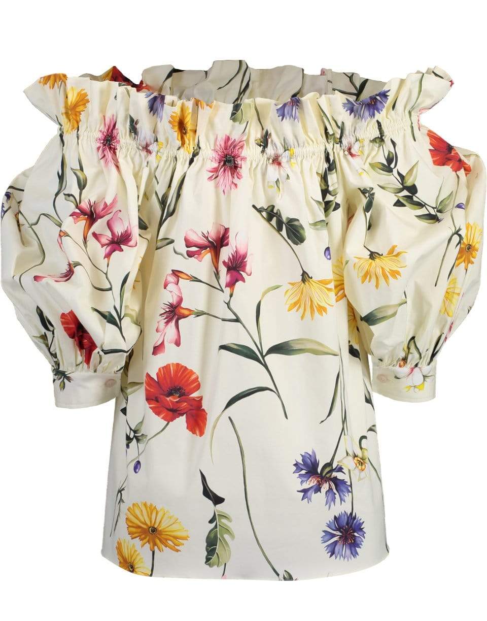 OSCAR DE LA RENTA-Off Shoulder Short Sleeve Floral Blouse-