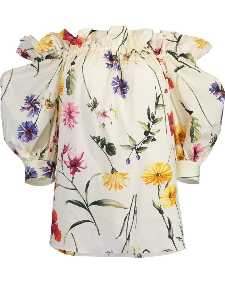 OSCAR DE LA RENTA-Off Shoulder Short Sleeve Floral Blouse-