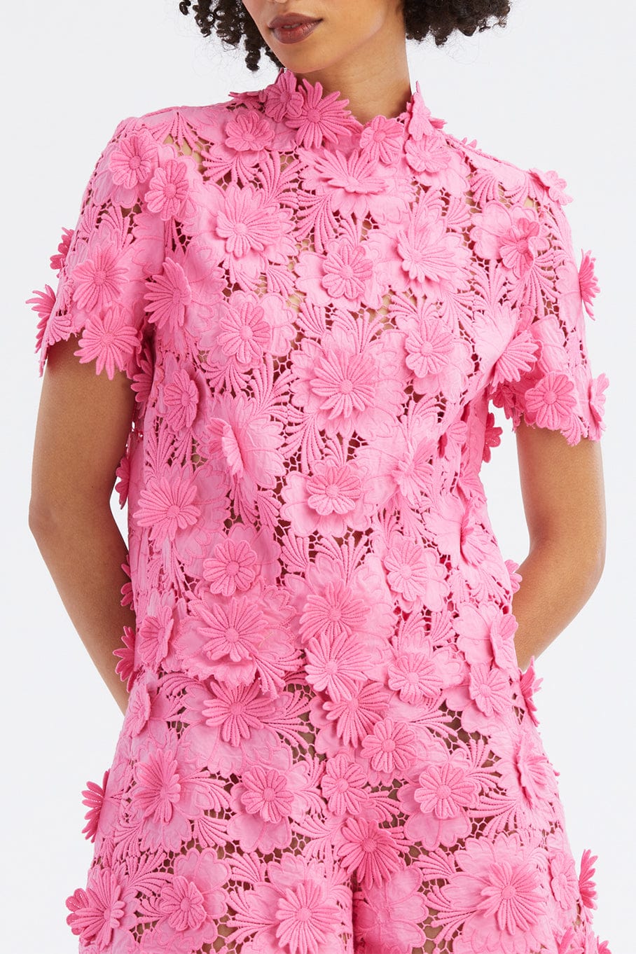 OSCAR DE LA RENTA-Short Sleeve Floral Tie Back Blouse-