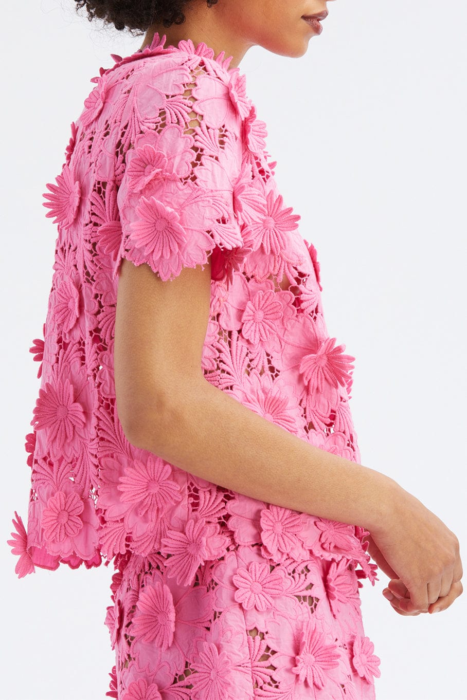 OSCAR DE LA RENTA-Short Sleeve Floral Tie Back Blouse-