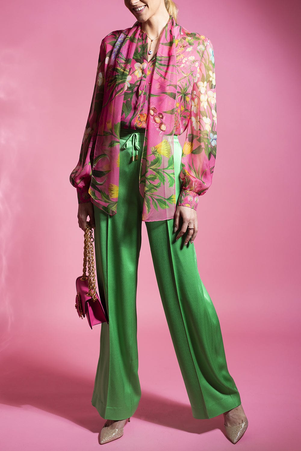 OSCAR DE LA RENTA-Floral Tap Silk Twill Tie Neck Blouse-