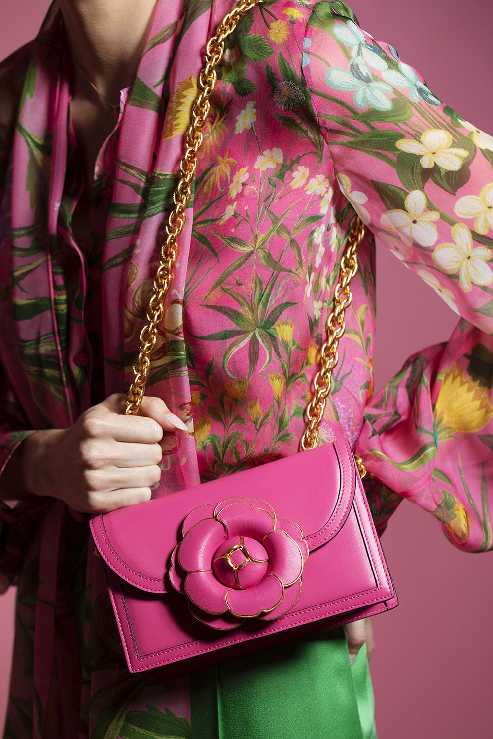 OSCAR DE LA RENTA-Floral Tap Silk Twill Tie Neck Blouse-