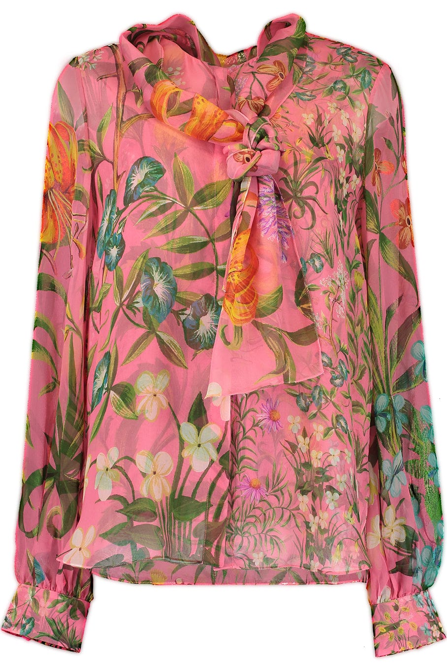 OSCAR DE LA RENTA-Floral Tap Silk Twill Tie Neck Blouse-