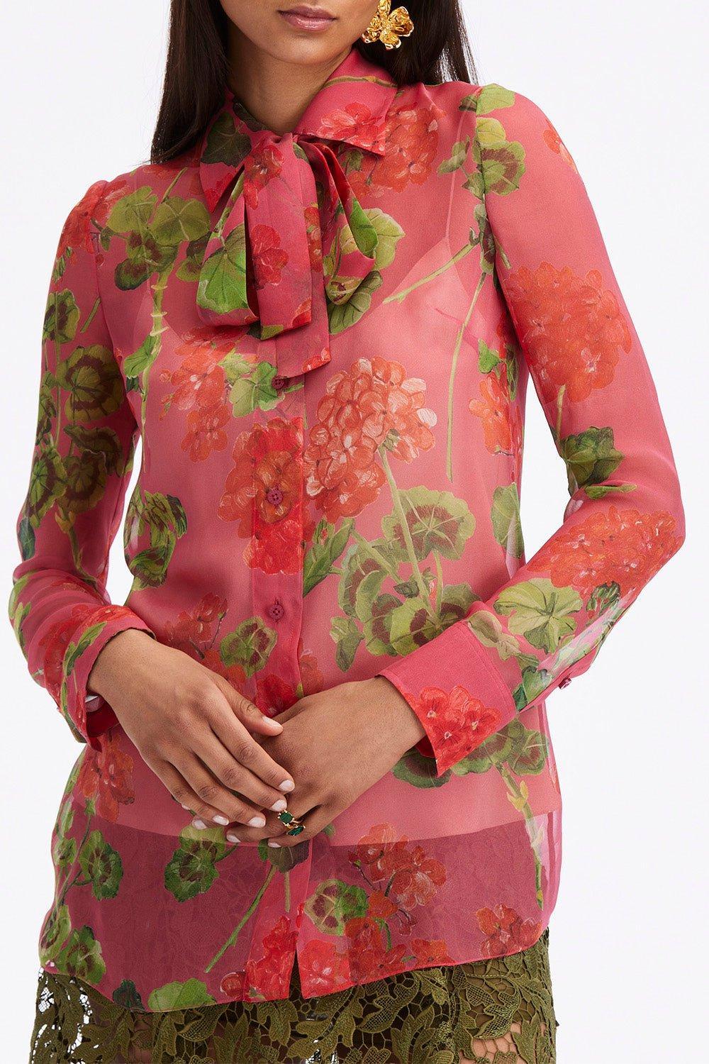 OSCAR DE LA RENTA-Long Sleeve Tie Neck Chiffon Blouse-