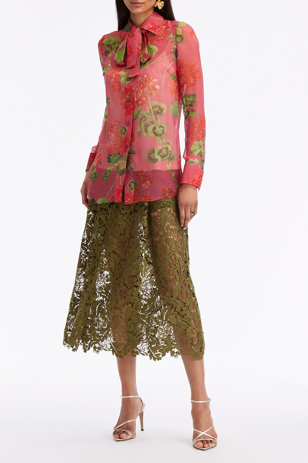 OSCAR DE LA RENTA-Long Sleeve Tie Neck Chiffon Blouse-