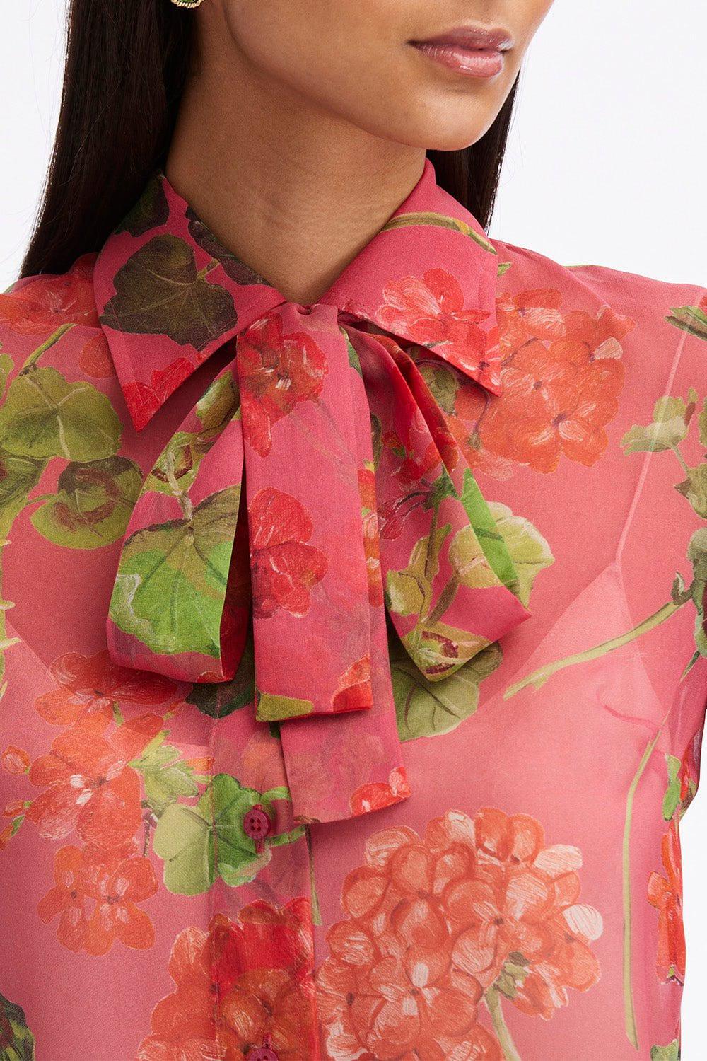 OSCAR DE LA RENTA-Long Sleeve Tie Neck Chiffon Blouse-