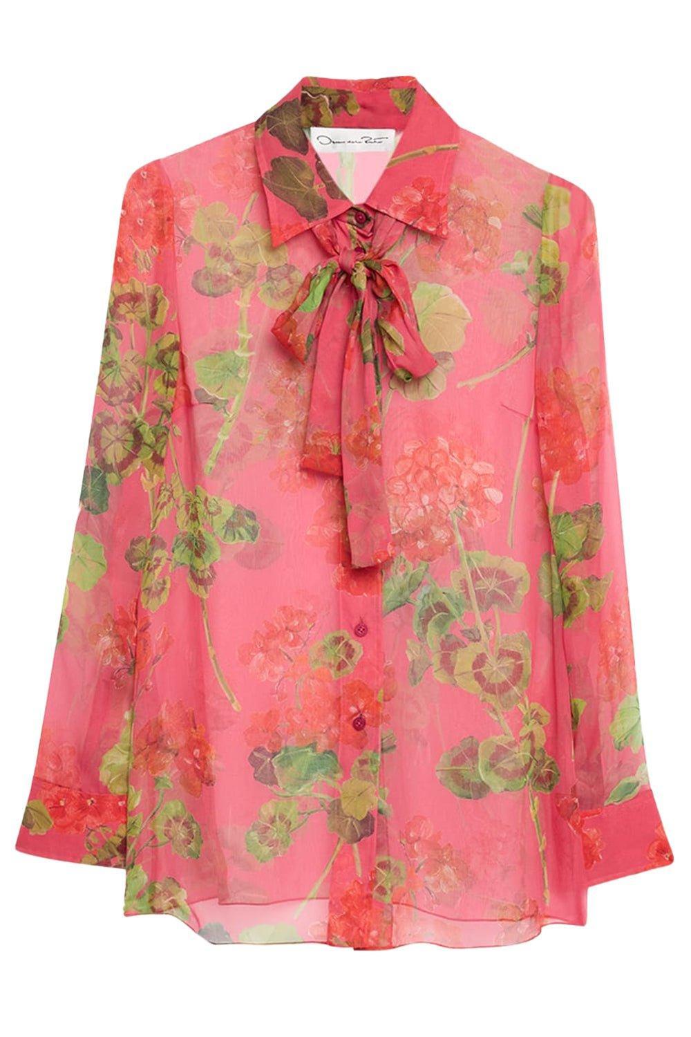 OSCAR DE LA RENTA-Long Sleeve Tie Neck Chiffon Blouse-