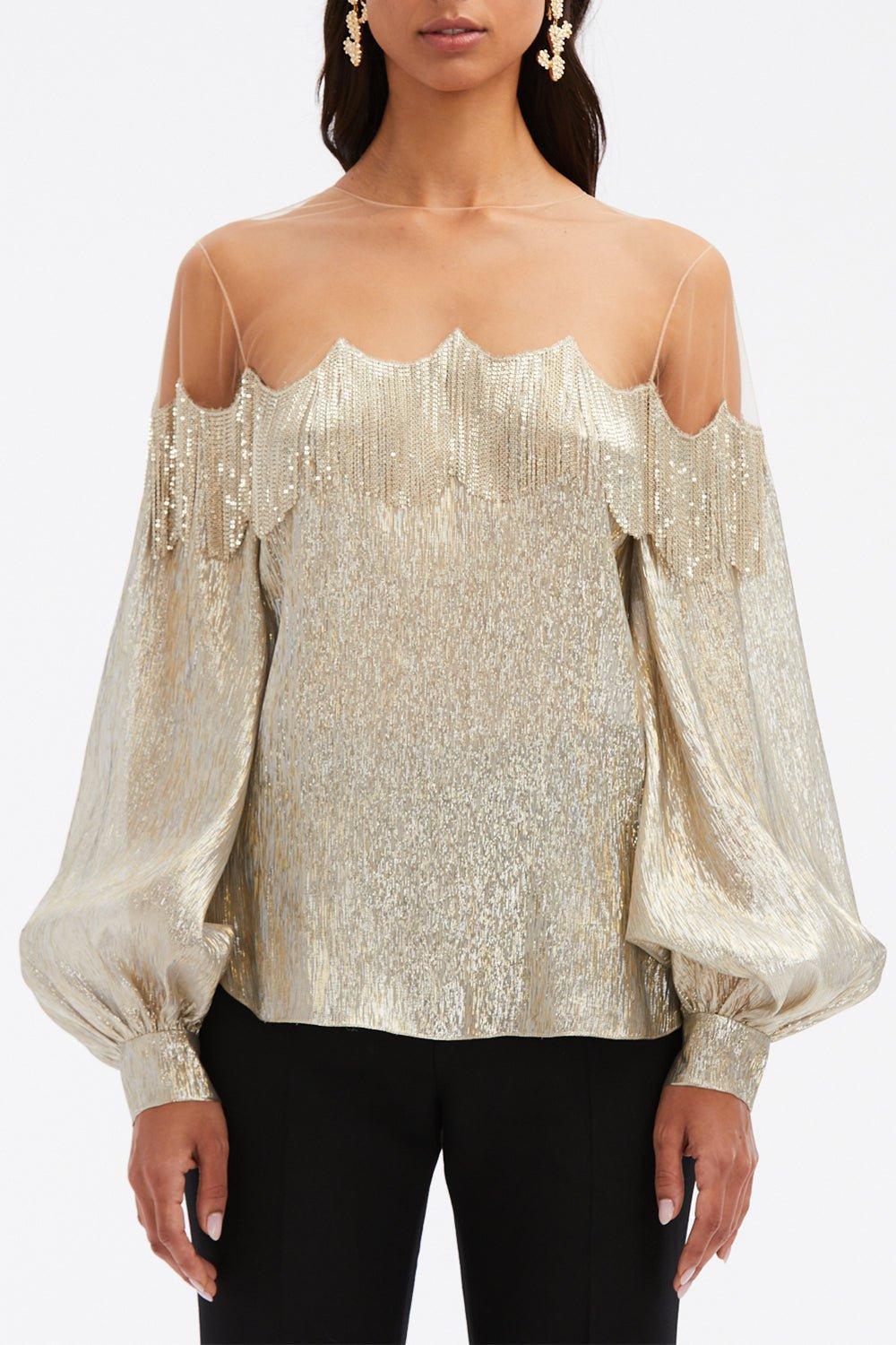 OSCAR DE LA RENTA-Long Sleeve Chain Fringe Embellished Blouse-